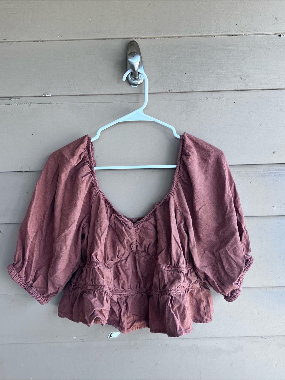 A New Day Brown Linen Blend Puff Sleeve Top Size L